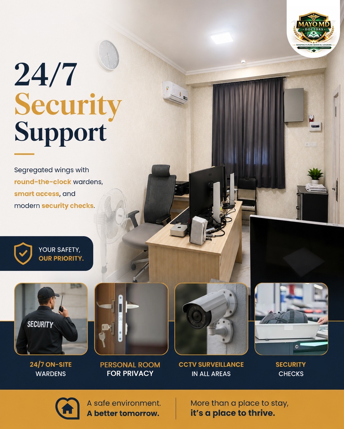 Hostel security desk with monitors, wardens on duty 24/7