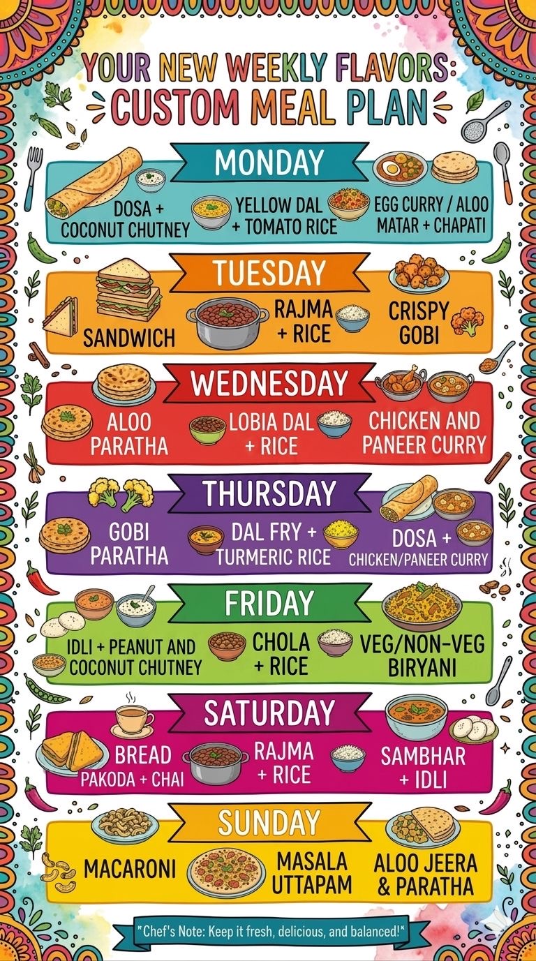 Weekly meal plan chart listing breakfast, lunch and dinner for each day