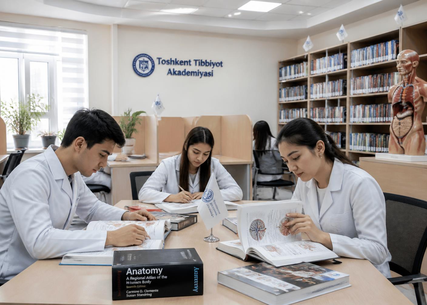 Medical students studying anatomy textbooks in a university library