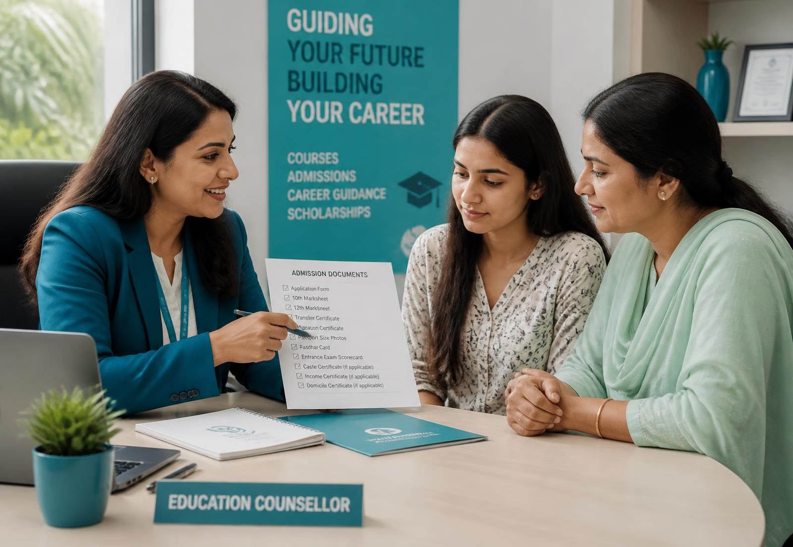 A counsellor explaining an admission document checklist to a student and her mother