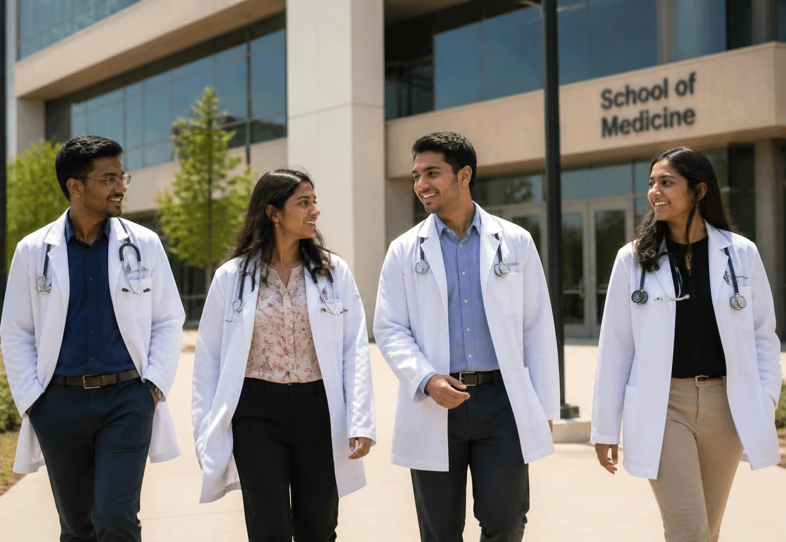 International medical students in white coats outside a university school of medicine